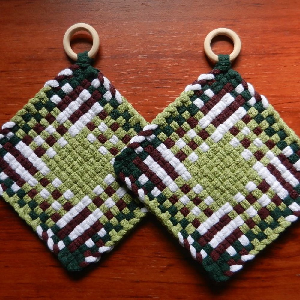 Set of 2 Handmade Artisan Woven Loomed Harvest Potholders Hot Pads Trivets
